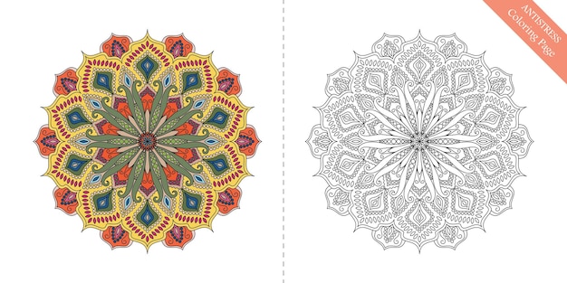 Antystres Kolorowanka dla dorosłych Kwiatowa mandala do relaksu, medytacji, malowania logo jogi Dekoracyjny okrągły ornament Wektorowy wzór kwiatowy Bogata tekstura Skomplikowany orientalny element projektu
