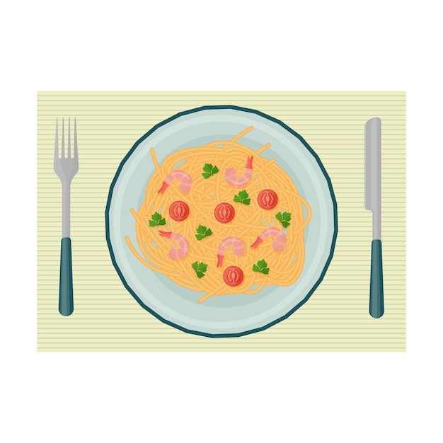 Apetyczne dania spaghetti kuchni śródziemnomorskiej, składające się z produktów takich jak makaron, pomidory, krewetki, pietruszka. Makaron na talerzu leżącym na serwetce z nożem i widelcem. Ilustracja wektorowa.