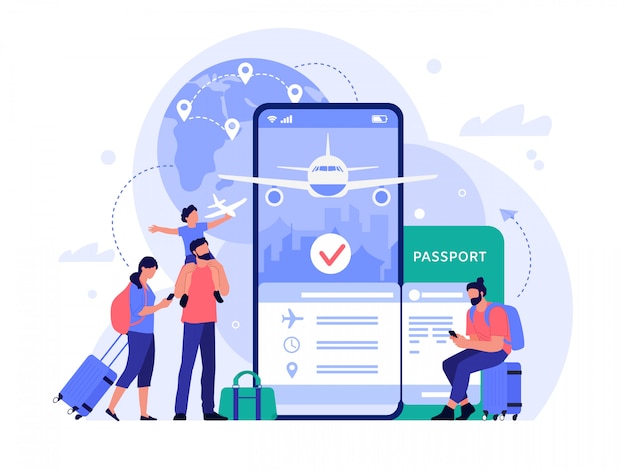 Plik wektorowy aplikacja do zakupu biletów lotniczych. ludzie kupujący bilety online, usługa rezerwacji telefonicznej dla turystyki i wakacji, ilustracja koncepcja podróży. wyszukiwarka lotów. turyści dokonujący rezerwacji