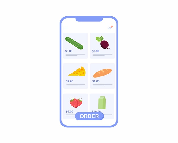 Plik wektorowy aplikacja dostarczania artykułów spożywczych, świeżych warzyw, żywności i napojów na wyświetlaczu telefonu komórkowego
