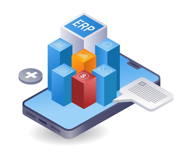 Aplikacja ERP dla smartfonów biznesowych izometryczna płaska ilustracja 3D infografika