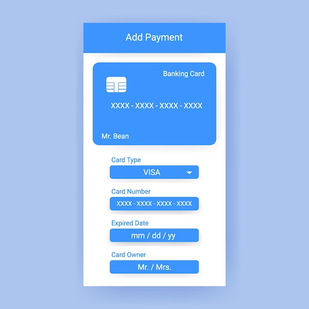 Aplikacja Mobilna Interfejsu Użytkownika Formularza Karty Bankowej