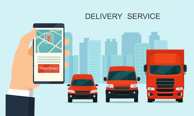 Aplikacja obsługująca dostawy na smartfonie. Samochody dostawcze i ciężarówki. Śledzenie zamówienia za pomocą swojego smartfona.