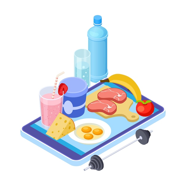 Plik wektorowy aplikacja zdrowej diety. konsultant ds. diety izometrycznej mobilnej. owoce, mięso, woda - zdrowe menu. zdrowa dieta w aplikacji na smartfony, ilustracja żywienia zdrowego mięsa