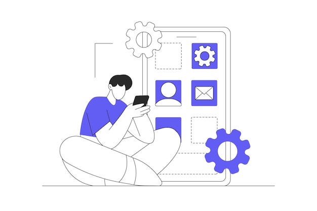 App development Man programming and creating responsive layout working with applications button