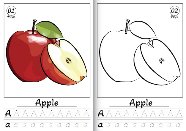 Apple Alphabet ABC Coloring Page A Śledzenie wszystkich liter alfabetu angielskiego Aktywność dzieci w wieku przedszkolnym