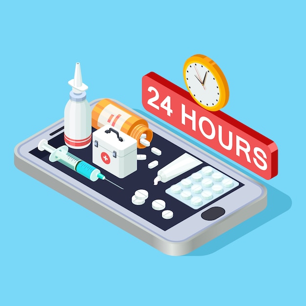 Plik wektorowy apteka internetowa izometryczny koncepcja, ilustracja aplikacji apteki 24 godziny