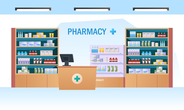 Plik wektorowy apteka wnętrze z licznikiem i lekiem na półkach ilustracji