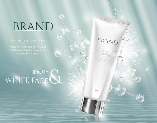 Aqua Skin Care Creme Kosmetyczny Plakat Promocyjny Szablon Reklamy. Podwodny Głębinowy Niebieski Efekt Promienia Słonecznego Biały Srebrny Wektor Promo Ilustracja 3d Realistyczne Tło Art