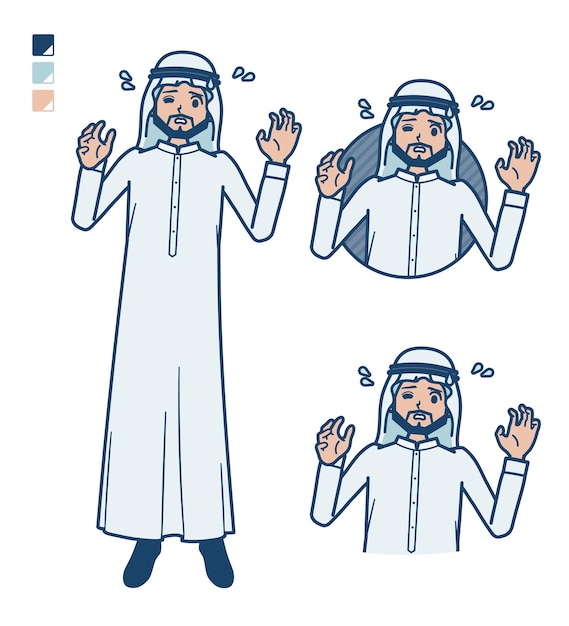 Arab w białym stroju z obrazami paniki