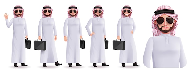 Arabia Arabski Szef Wektor Zestaw Znaków. Arabian Business Man Znaków Gospodarstwa Teczki Torba.