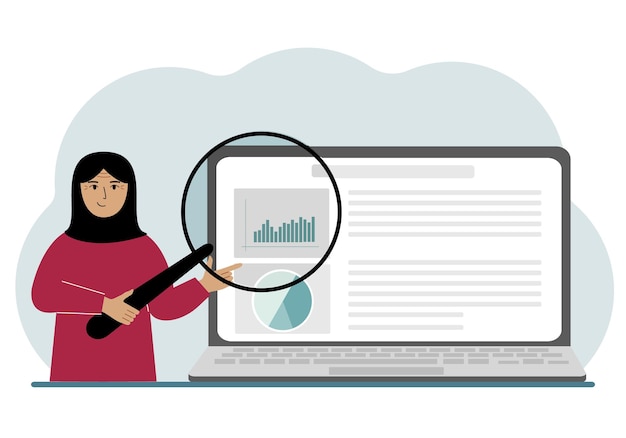 Plik wektorowy arabka pokazuje raport prezentację na laptopie z ilustracją wektorową szkła powiększającego koncepcja planowania finansowego analizy biznesowej audytu