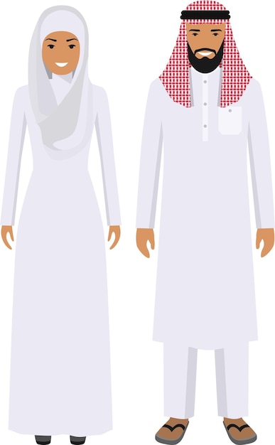 Plik wektorowy arabowie mężczyzna i kobieta stojący razem w tradycyjnej muzułmańskiej odzieży arabskiej w płaskim stylu.