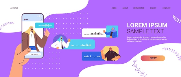 Arabscy Biznesmeni Komunikują Się W Komunikatorach Internetowych Za Pomocą Wiadomości Głosowych Audio Czat Aplikacja Media Społecznościowe Koncepcja Komunikacji Online Koncepcja Poziomej Kopii Przestrzeni Ilustracji Wektorowych