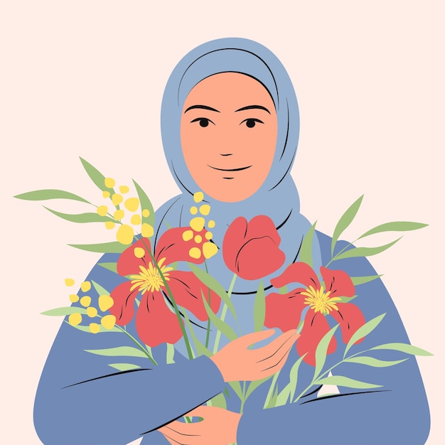 Arabska Kobieta W Hidżabie Z Kwiatami Muzułmanka W Tradycyjnym Stroju