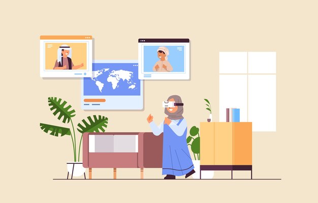 arabska uczennica nosi zestaw słuchawkowy vr arabskie dzieci w wieku szkolnym w oknach przeglądarki internetowej omawianie podczas rozmowy wideo poziomej ilustracji wektorowych pełnej długości