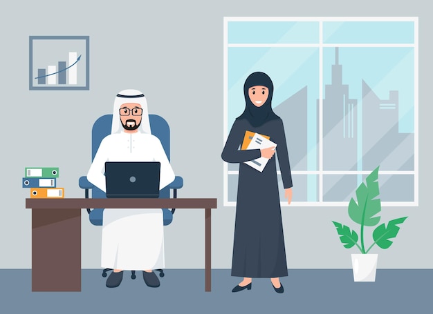 Arabski biznesmen i bizneswoman pracuje w biurze