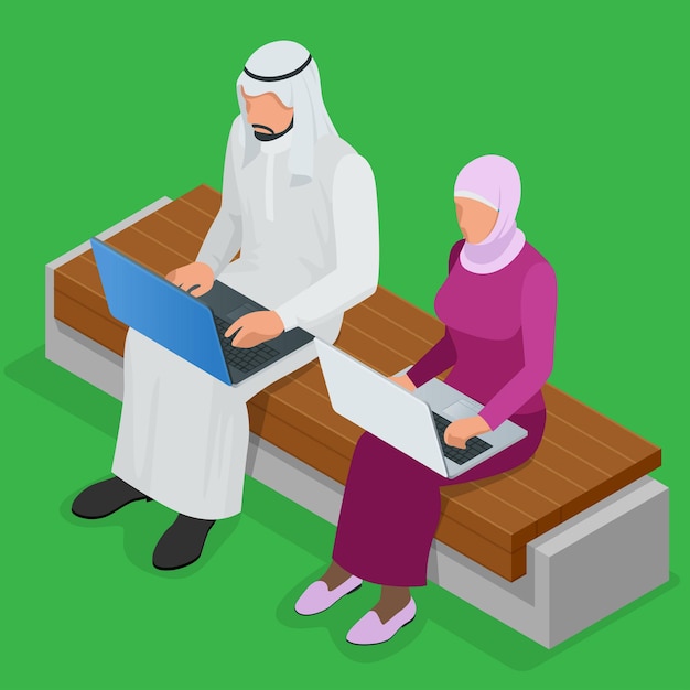 Arabski biznesmen pracuje na laptopie Arabska bizneswoman hidżab pracuje na laptopie