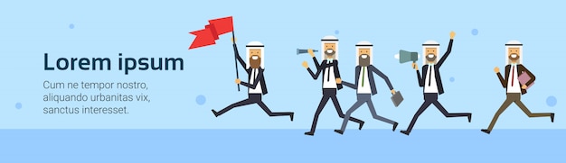 Arabski Biznesmen Uruchomić Czerwona Flaga Zespół Grupa Tło Biznes Sukces Pojęcie Wyzwanie Ryzyko