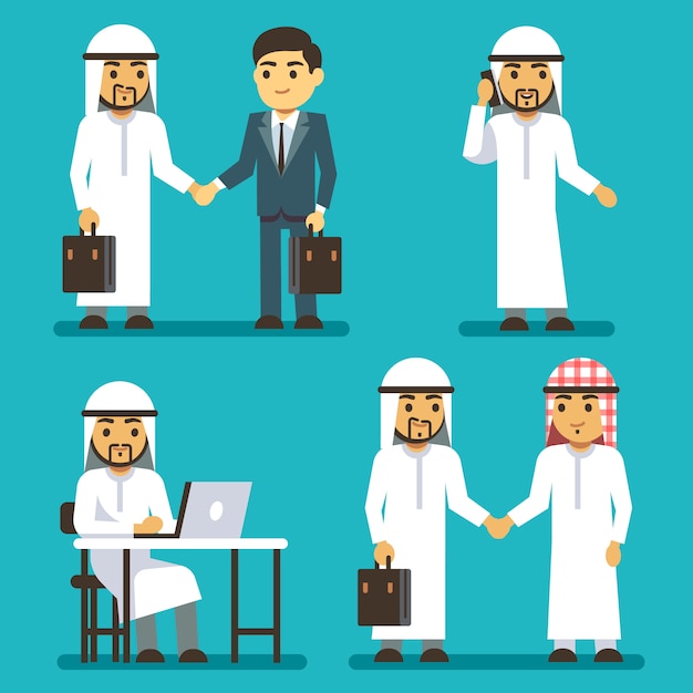 Arabski Biznesmen Znaków W Pracy W Biurze Saudyjskich Ludzi Zestaw. Arab Biznesu W Odzieży