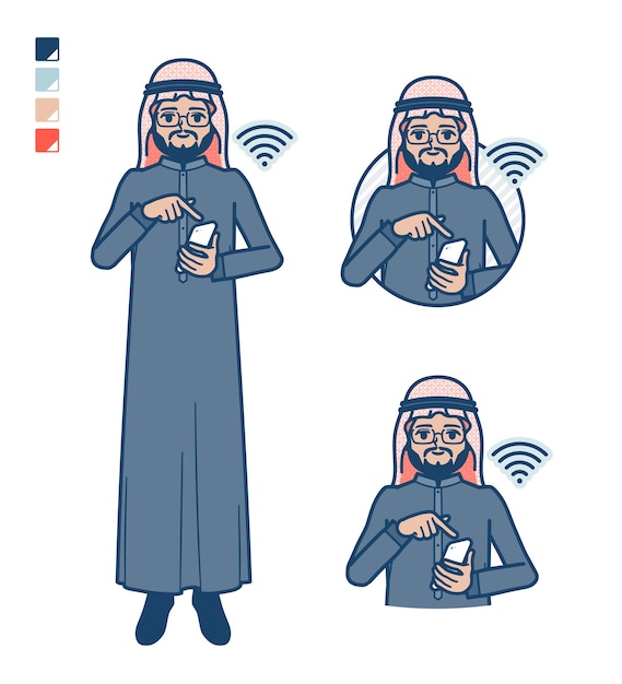 Arabski średni Mężczyzna W Czarnym Kostiumie Z Obrazami Ze Smartfona Operate