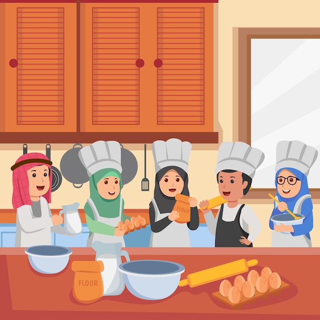 Arabskie Dzieci W Klasach Kulinarnych Przygotowuje Się Do Ilustracji Wektorowych Ciasto Kreskówka