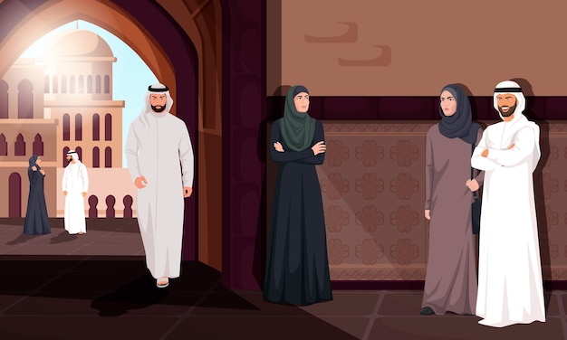 Arabskie Kobiety I Mężczyźni Poster Arabskich Ludzi W Krajobrazie Miejskim Tradycyjny Meczet Panoramiczny Widok Szczęśliwa I Uśmiechnięta Muzułmańska Kobieta I Mężczyzna Osoba Nosząca Hidżab Ilustracja Wektorowa