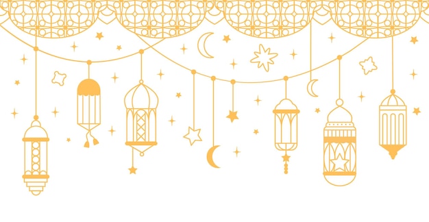 Plik wektorowy arabskie latarnie ozdobne ramadan kareem baner linia islamskie ozdoby stylu islam kontur ozdobny tło orientalne lampy przyzwoity szablon wektorowy islamskiej ilustracji tła