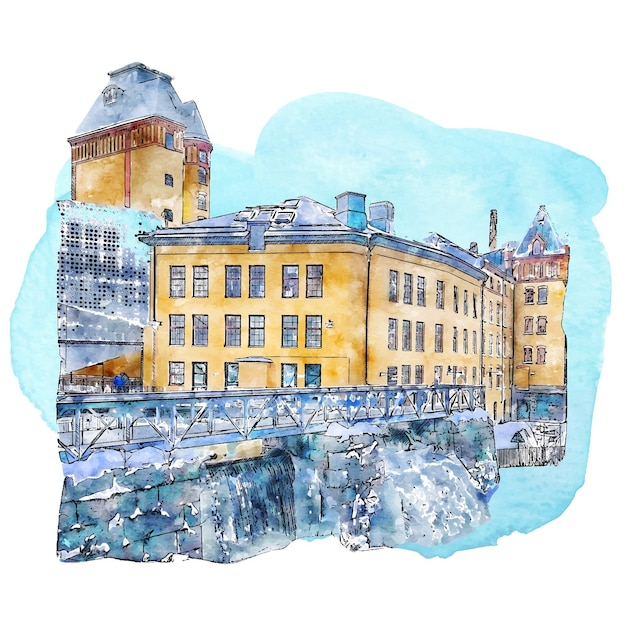 Architektura Norrkoping Szwecja Akwarela Ręcznie Rysowane Ilustracja Na Białym Tle