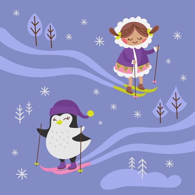 Arctic Fantasy Winter Girl Pingwin Ptak Dziecko Komiks śmieszne Zwierzę Płaska Konstrukcja Kreskówka Ręcznie Rysowane Ilustracji Wektorowych Do Druku