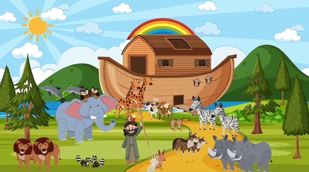 Arka Noego z dzikimi zwierzętami w scenie natury
