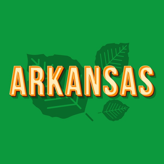 Plik wektorowy arkansas vintage wektor 3d napis. retro pogrubiona czcionka, krój pisma. stylizowany tekst pop-artu. litery w stylu starej szkoły. lata 90., 80. plakat, baner, projekt typografii t shirt. zielone tło z liśćmi