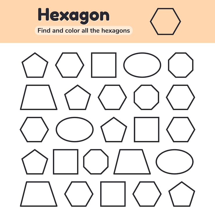 Wektor arkusz edukacyjny dla dzieci w wieku przedszkolnym, przedszkolnym i szkolnym. figury geometryczne. pentagon, ośmiokąt, sześciokąt, trapez, owal, kwadrat. znajdź i pokoloruj.