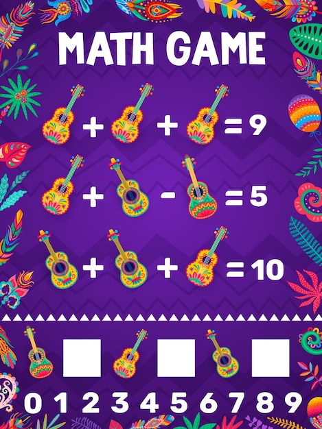 Plik wektorowy arkusz gry matematycznej meksykańskie gitary i kwiaty