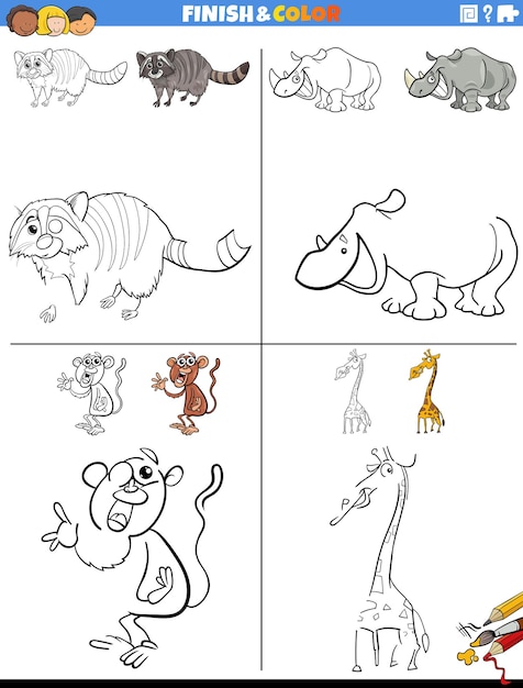 Arkusz Rysowania I Kolorowania Ze Zwierzętami Z Kreskówek