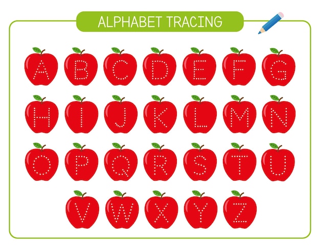 Arkusz śledzenia Alfabetu. śledź Aktywność Małych Liter Dla Dzieci. Jabłka. Jesień. Spadek