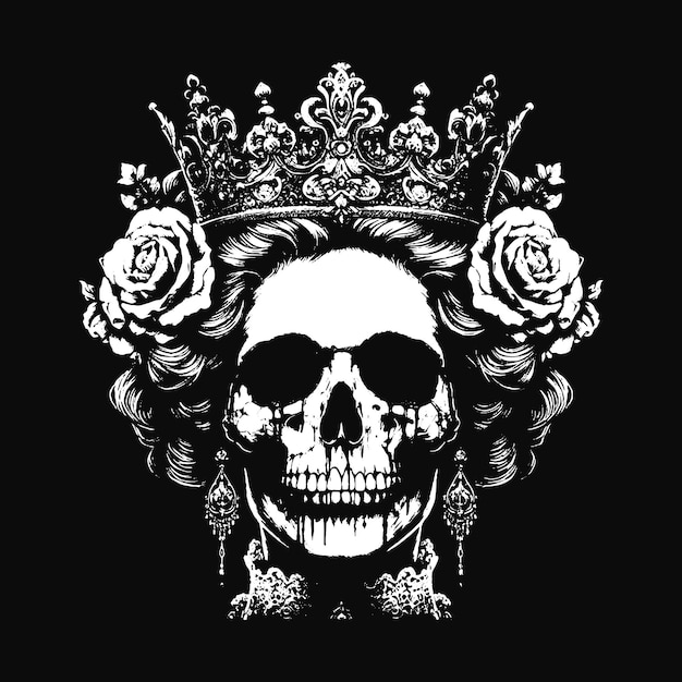 Art Dark Skull Queens Girl Lady Z Różą I Koroną Horror Grunge Vintage Tatuaż Ilustracja