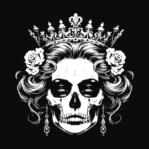 Art Dark Skull Queens Girl Lady Z Różą I Koroną Horror Grunge Vintage Tatuaż Ilustracja