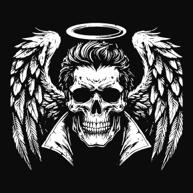 Plik wektorowy art skull angel face with wings dark horror grunge vintage tatuaż ilustracja czarno-biała