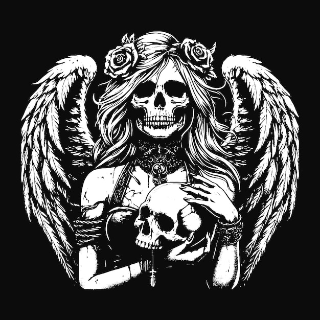 Art Skull Angel Face with Wings Dark Horror Grunge Vintage Tatuaż ilustracja czarno-biała