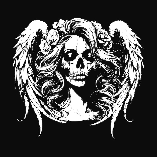 Art Skull Angel Face with Wings Dark Horror Grunge Vintage Tatuaż ilustracja czarno-biała