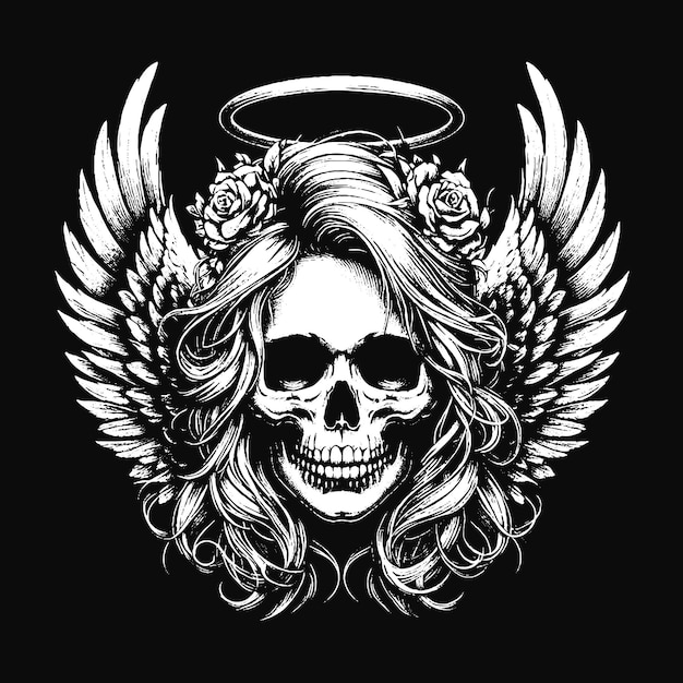 Art Skull Angel Face with Wings Dark Horror Grunge Vintage Tatuaż ilustracja czarno-biała