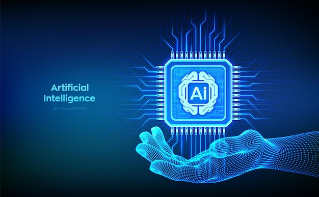 Artificial Intelligence chip with AI digital brain circuit board icon in wireframe hand Artificial intelligence integrated into a microprocessor AI processor technology concept Vector illustration