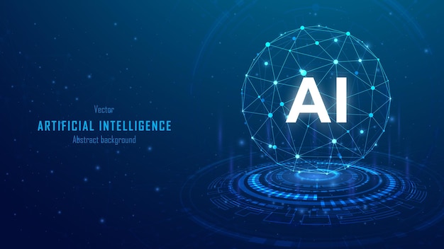 Artificial Intelligence in the shape of a sphere with dots and lines connection AI globe futuristic analytics network on dark blue background Science tech background vector illustration