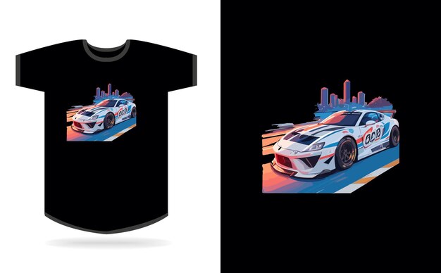Artwork of Tshirt graficzny projekt samochód prędkości realistyczny samochód wyścigowy niebieski ulica Miami bardzo szczegółowy