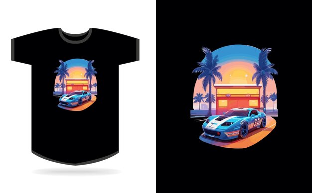 Artwork Of Tshirt Graficzny Projekt Samochód Prędkości Realistyczny Samochód Wyścigowy Niebieski Ulica Miami Bardzo Szczegółowy