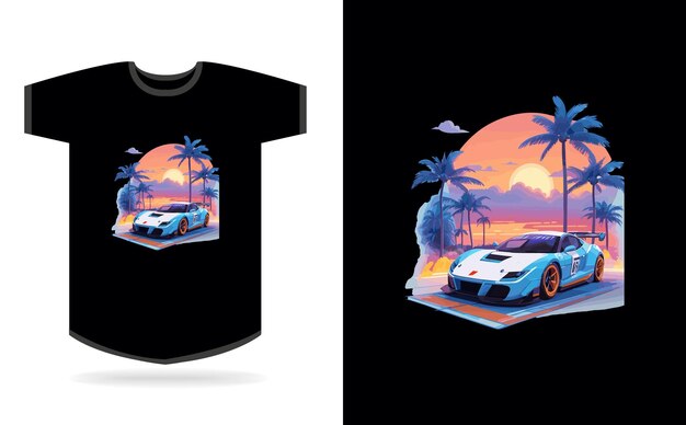 Artwork of Tshirt graficzny projekt samochód prędkości realistyczny samochód wyścigowy niebieski ulica Miami bardzo szczegółowy