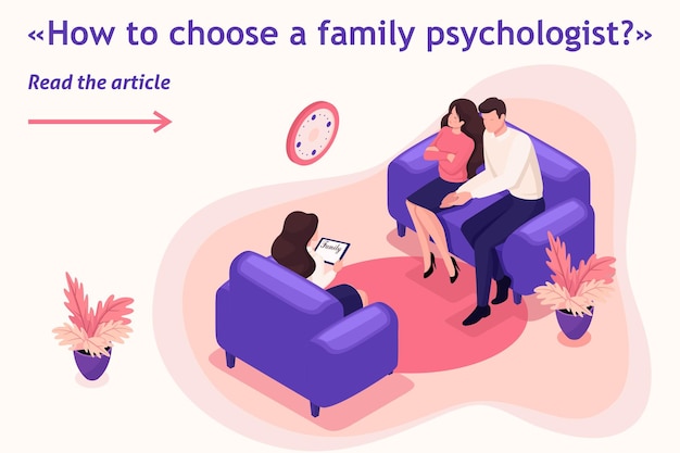 Plik wektorowy artykuł banerowy szablonu izometrycznego małżonkowie na przyjęciu konfliktu psychologa w rodzinie