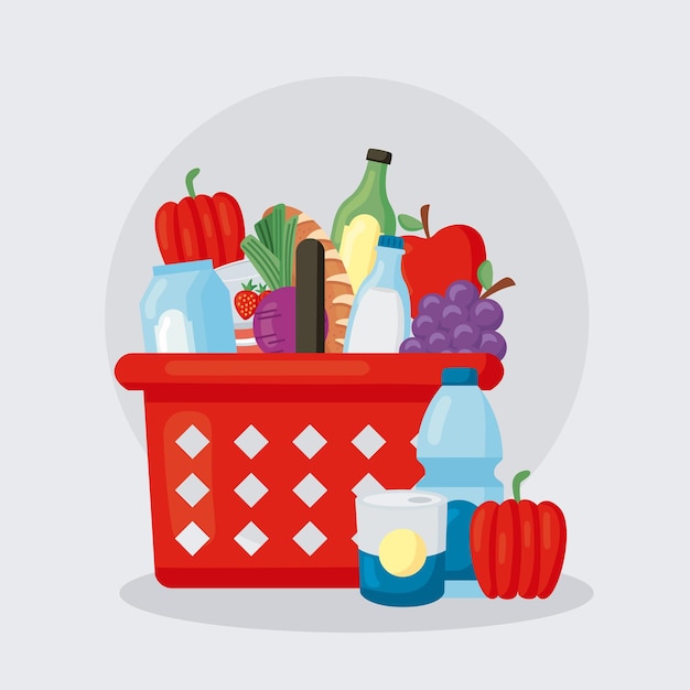 Artykuły spożywcze w ikonach kosza supermarketu