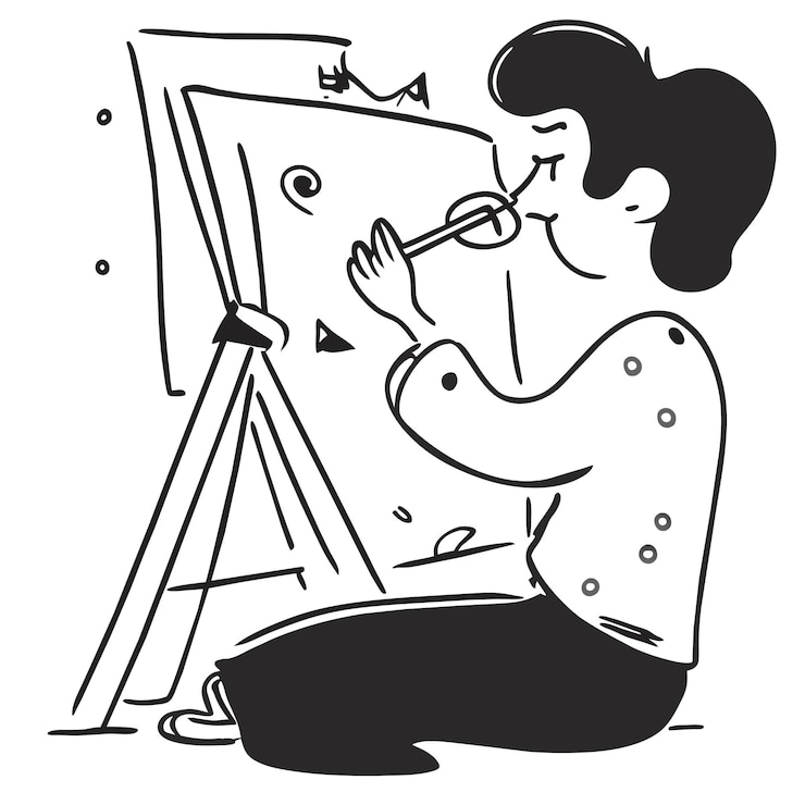 Wektor artysta zajmujący się grafiką liniową malujący ręcznie rysowane kreskówka naklejka ikona koncepcja izolowana ilustracja